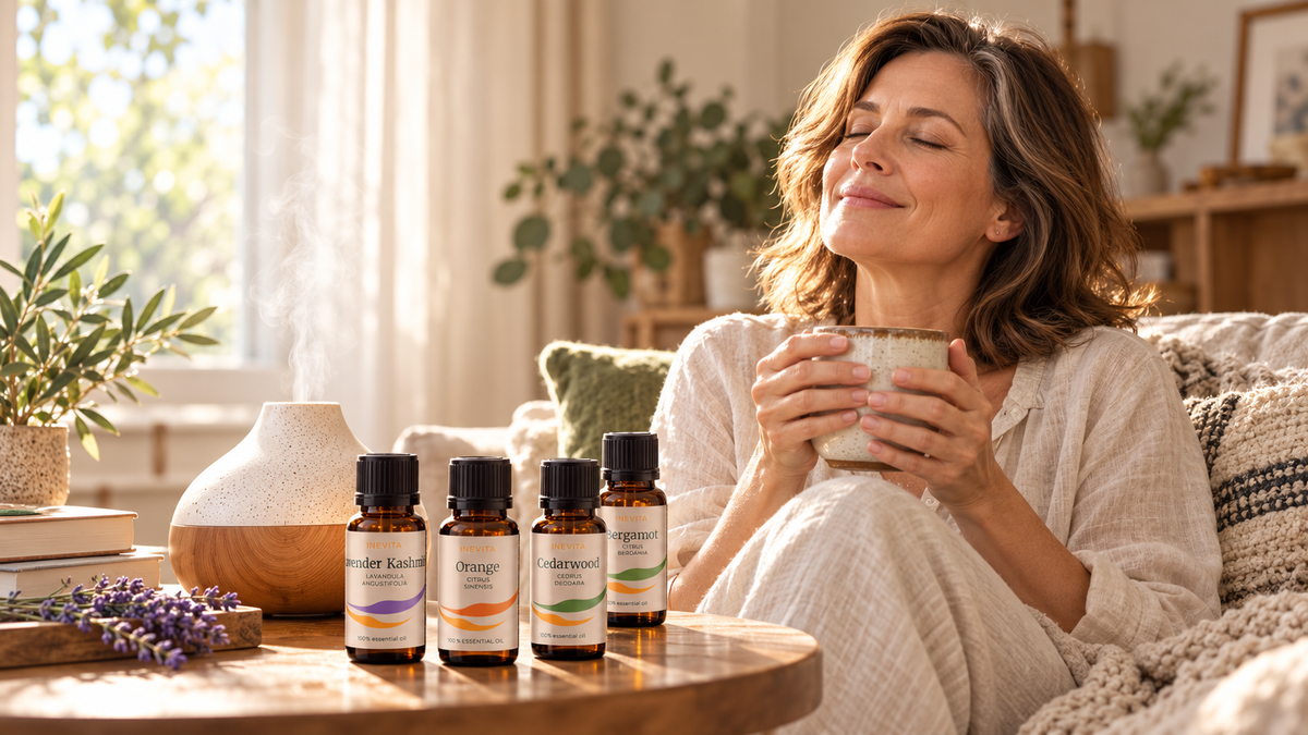 Essential oils and diffuser in a warm natural home