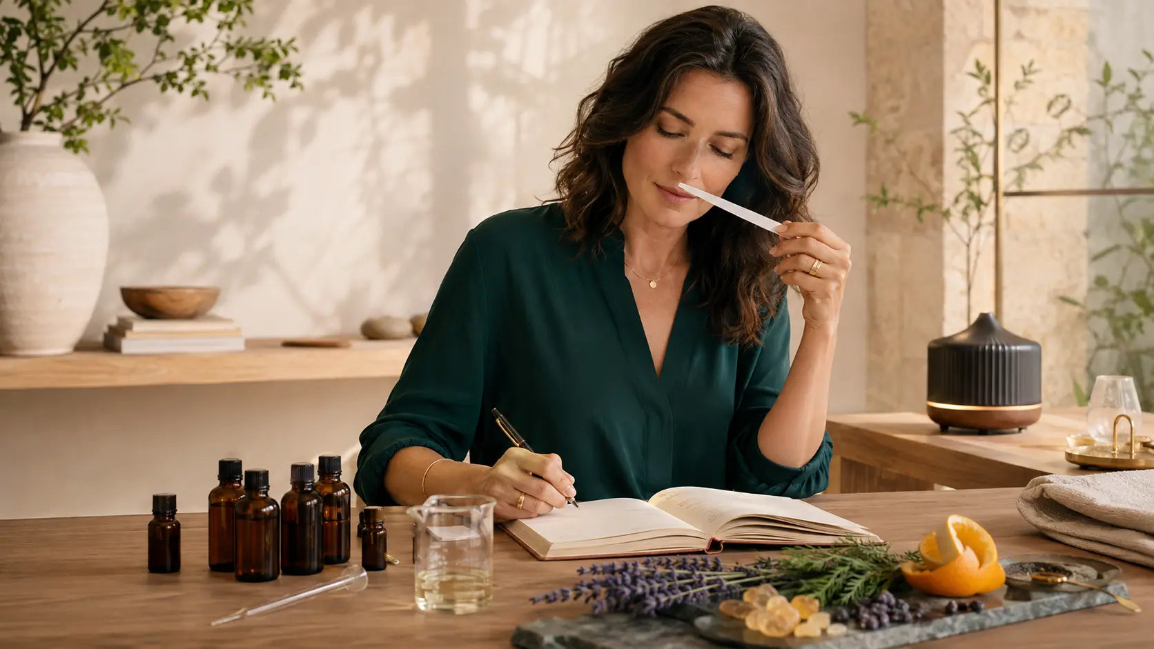 Woman learning natural scent with essential oils, blotters and an ingredient journal